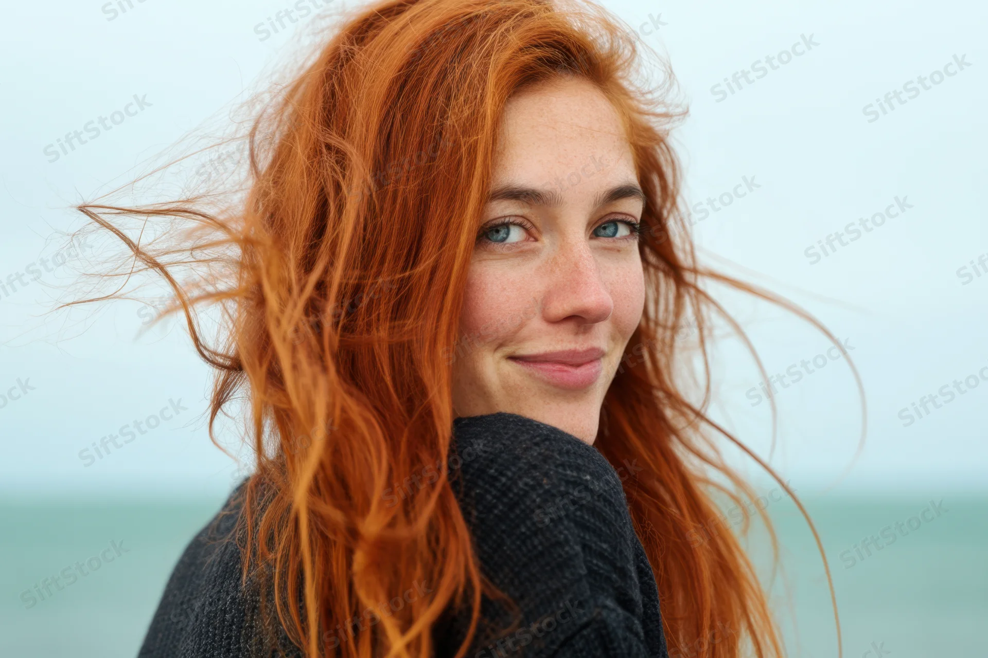 Young woman with long red hair smiling over her shoulder by the ocean, wind blowing her hair, wearing a dark sweater