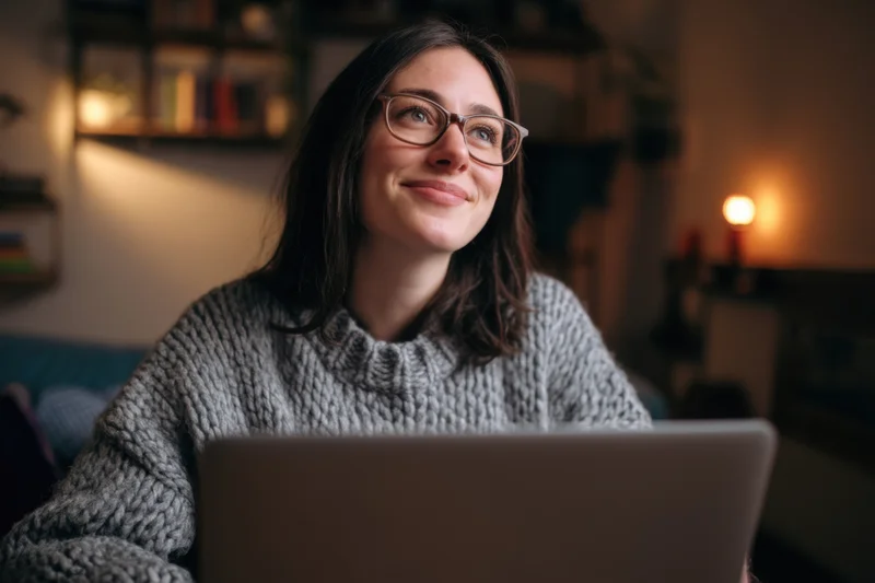 Woman smiling while using laptop at home in cozy evening setting