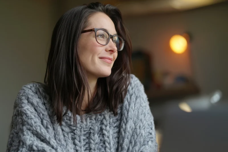 Woman wearing glasses and a gray knit sweater smiles while sitting at a desk with a computer in a cozy indoor workspace