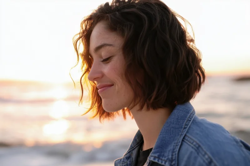 Woman in denim jacket smiling in profile at sunset on the beach