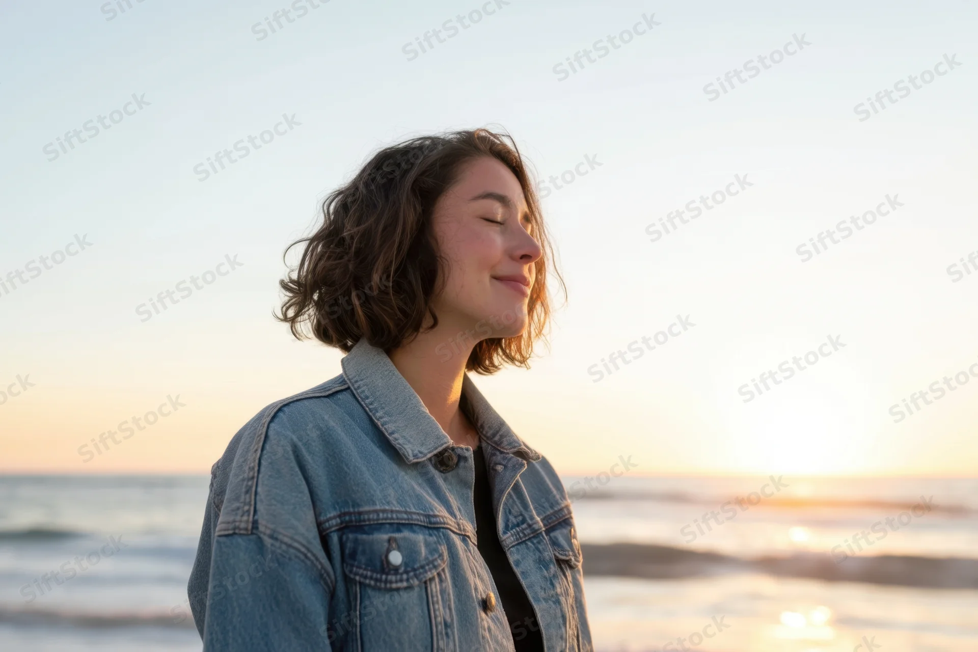 Woman with short brown hair in denim jacket standing on beach at sunset, eyes closed and smiling, ocean waves behind her