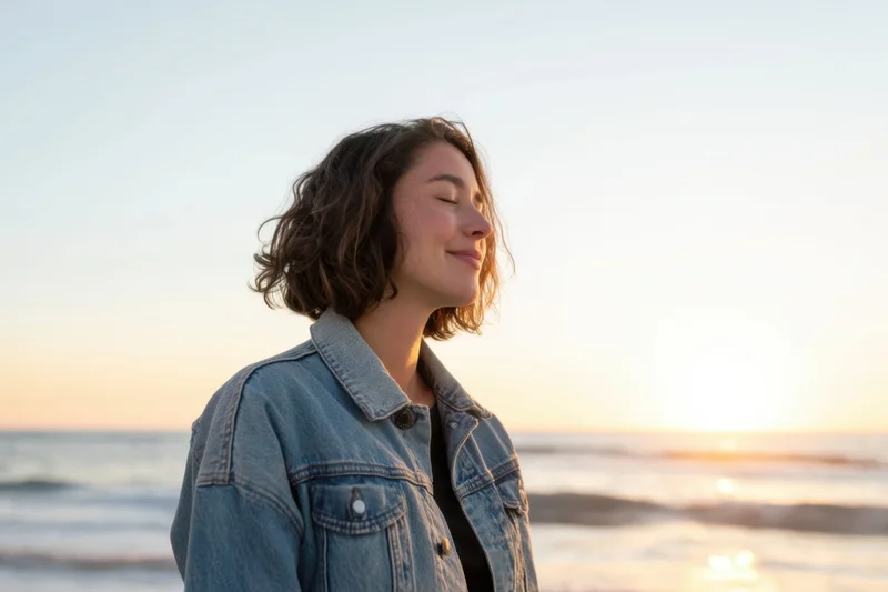 Woman with short brown hair in denim jacket standing on beach at sunset, eyes closed and smiling, ocean waves behind her