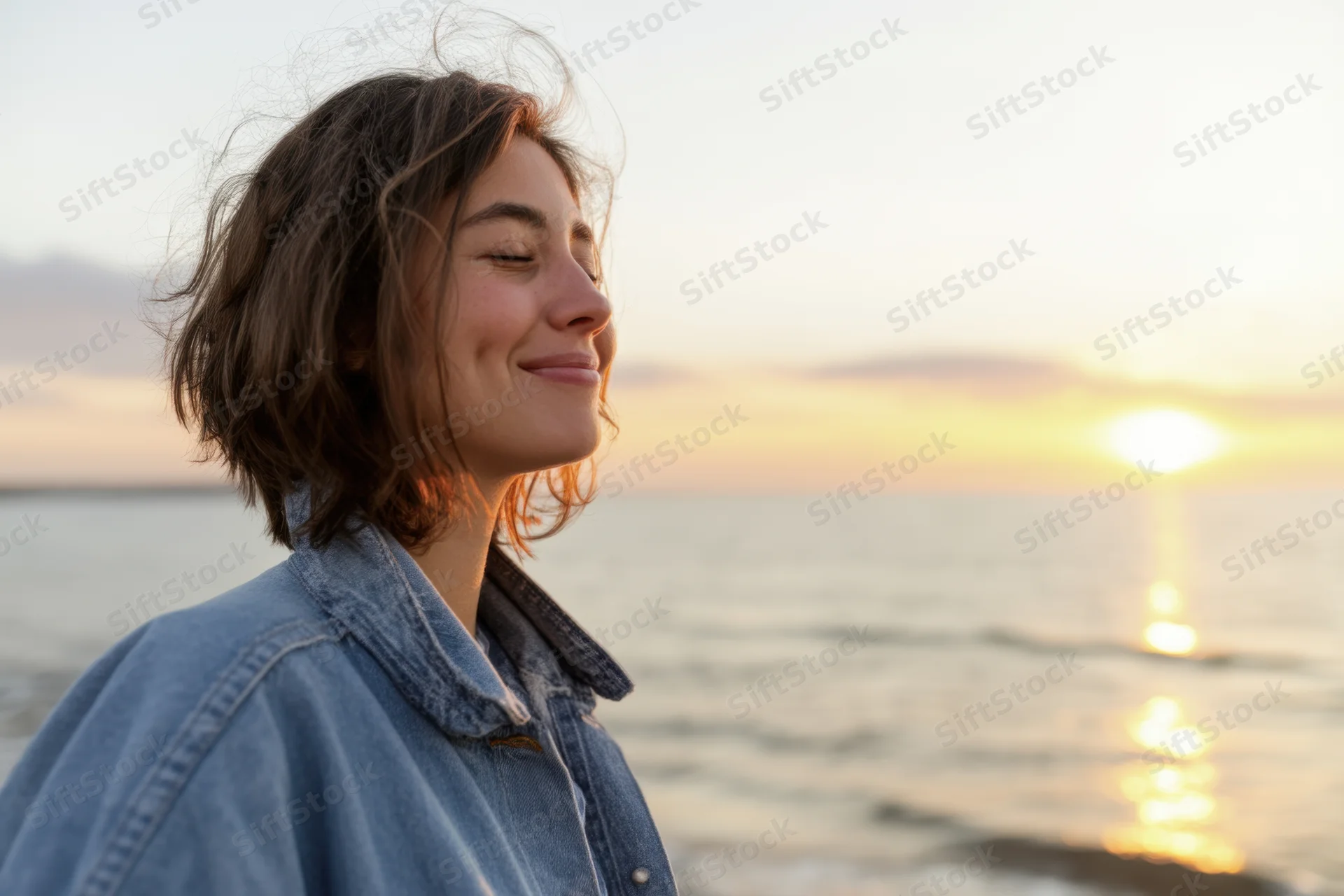 Woman smiling in profile on beach at sunset wearing denim jacket
