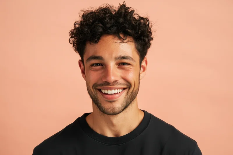 Young man smiling warmly in a studio portrait against a peach background
