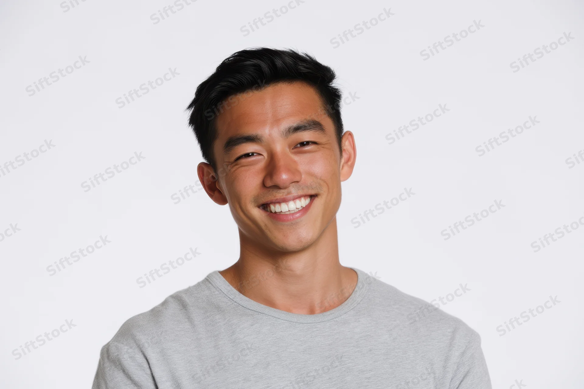 Young asian man smiling in a gray crew-neck t-shirt against a white background