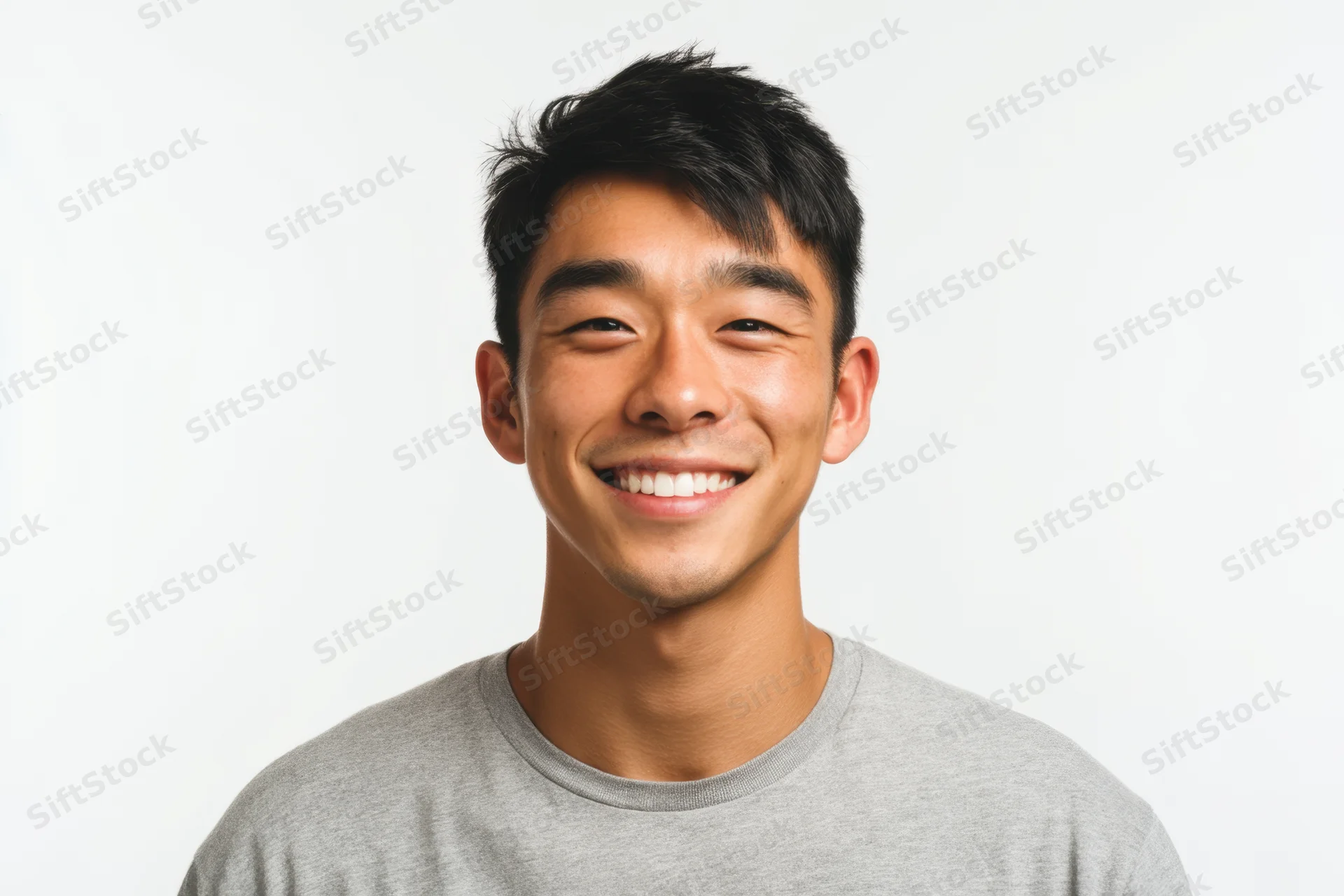 Young asian man smiling in a gray crewneck tshirt against white background