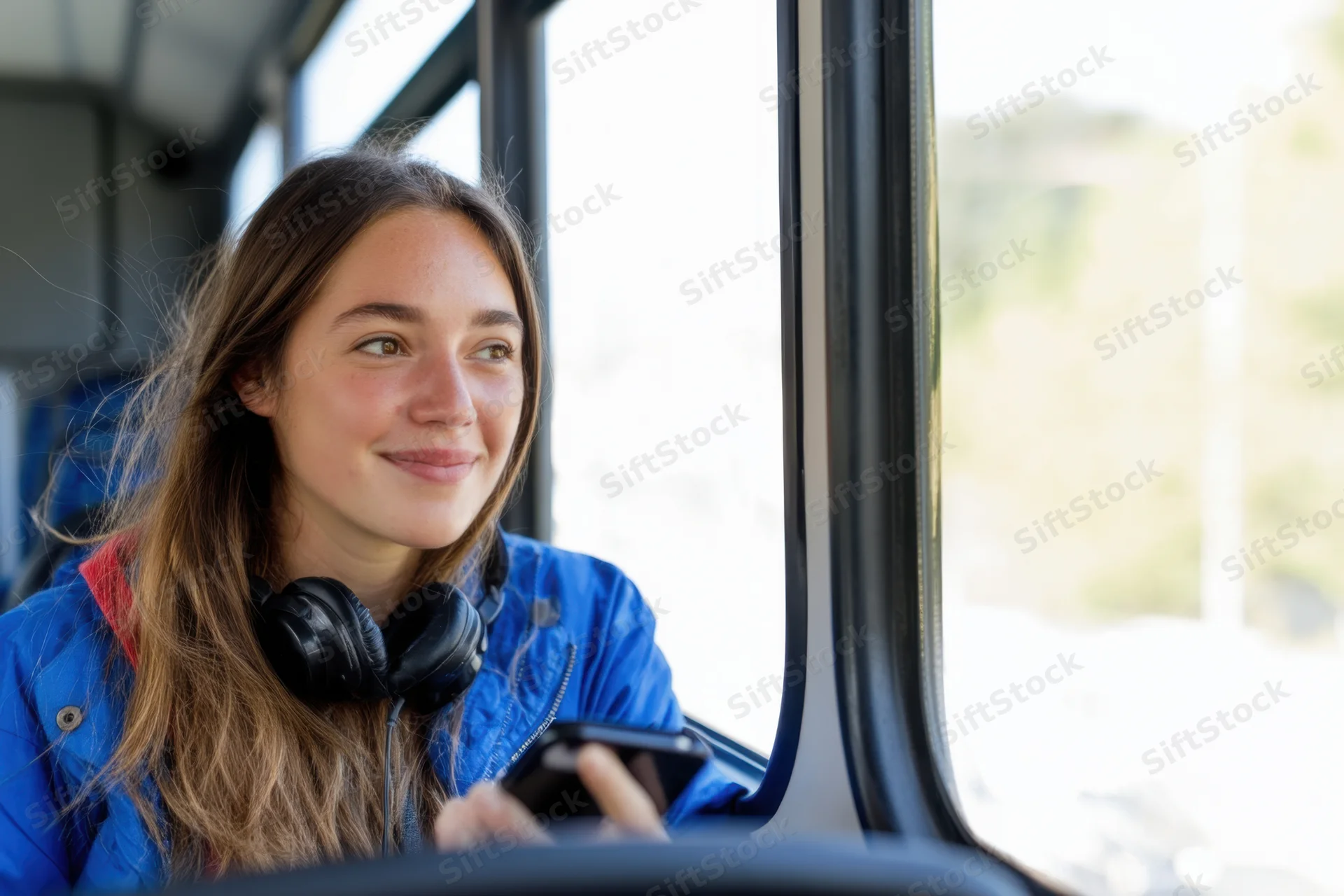 Young woman smiling while holding smartphone near bus window during daytime travel
