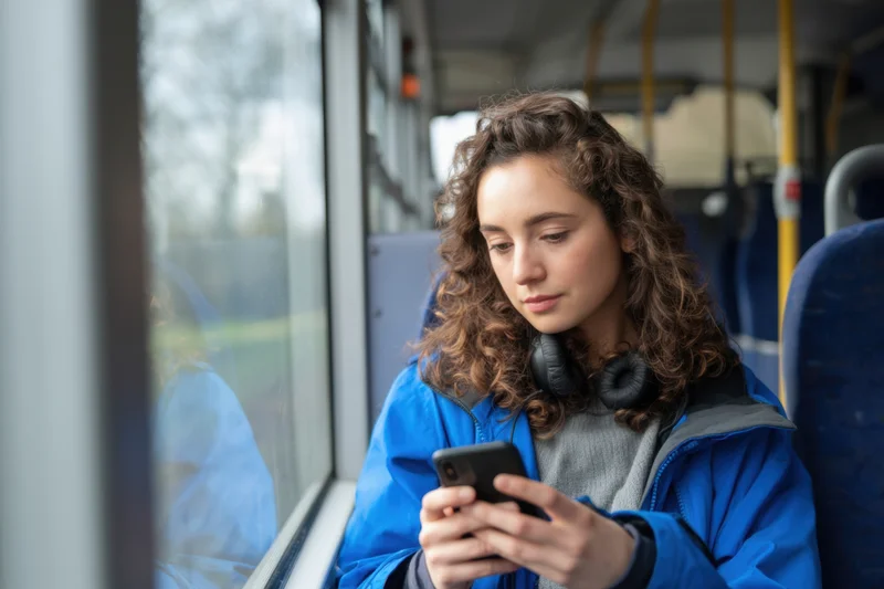 Young woman using smartphone while sitting by window on a bus