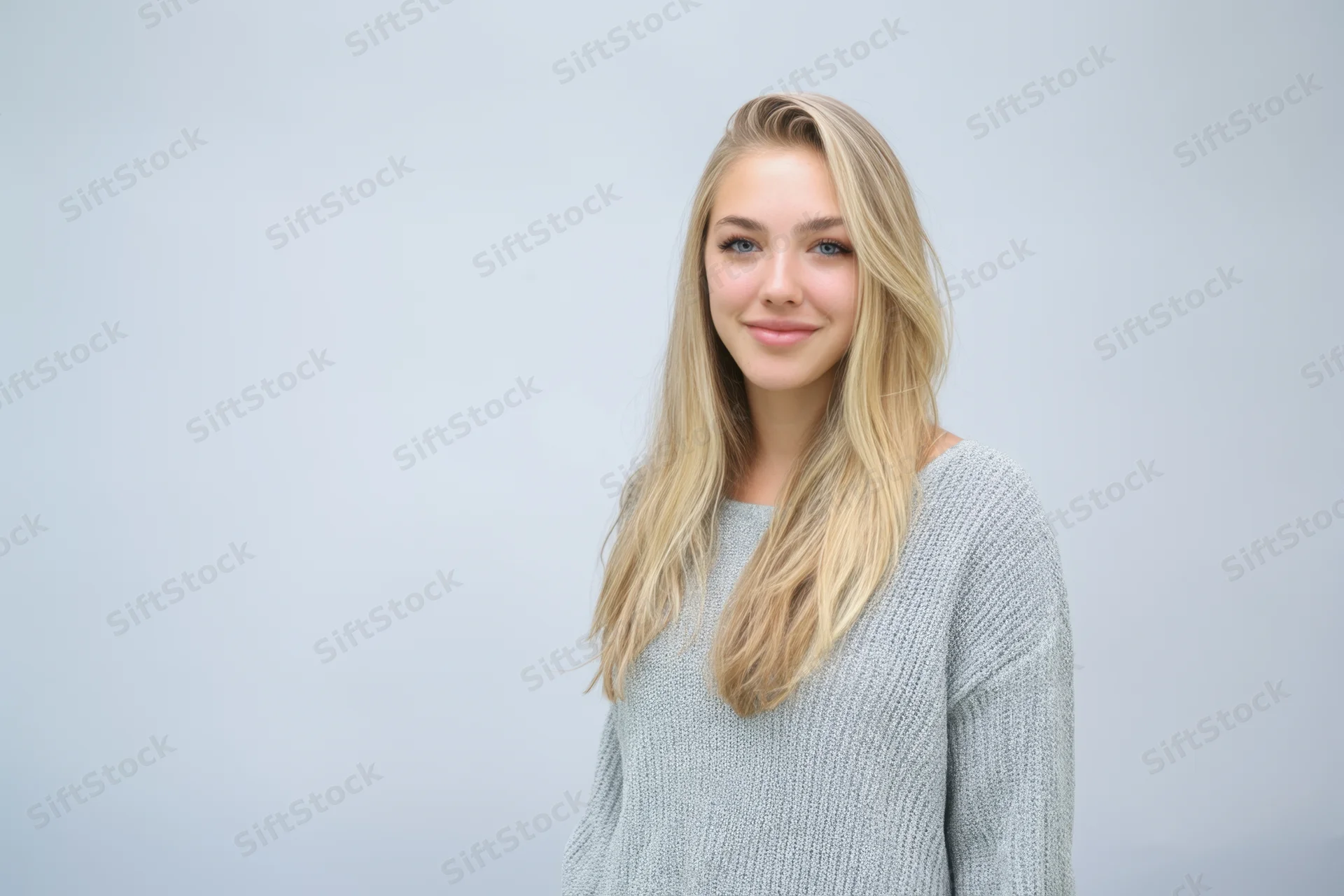 Young woman with long blonde hair smiling in a light gray knit sweater against a neutral background