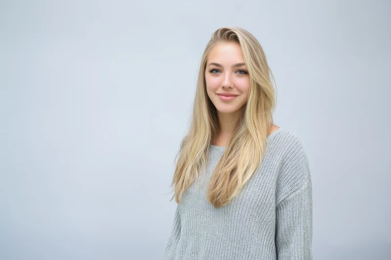 Young woman with long blonde hair smiling in a light gray knit sweater against a neutral background