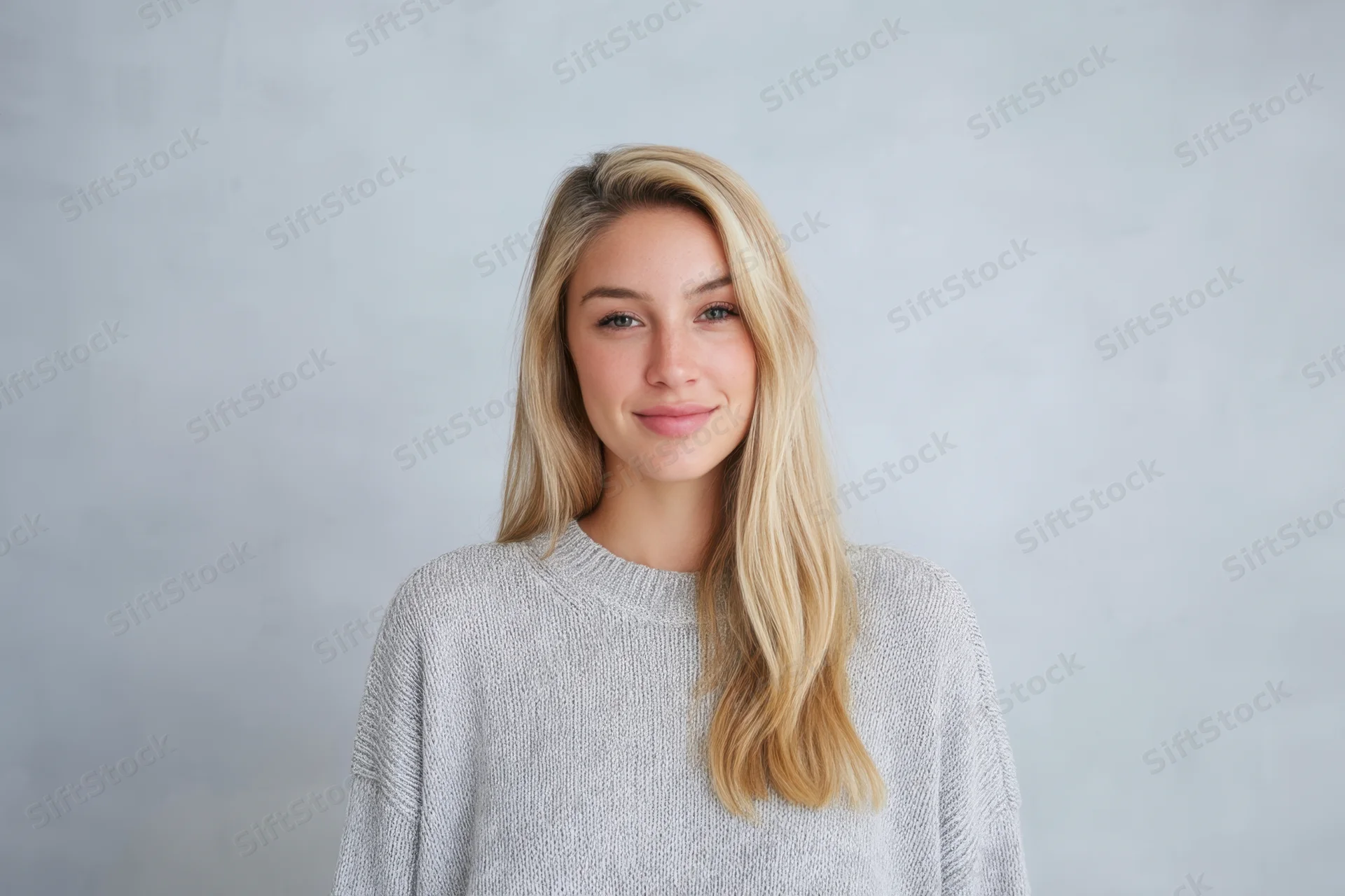 Young woman with long blonde hair smiling in a light gray knit sweater against a plain background