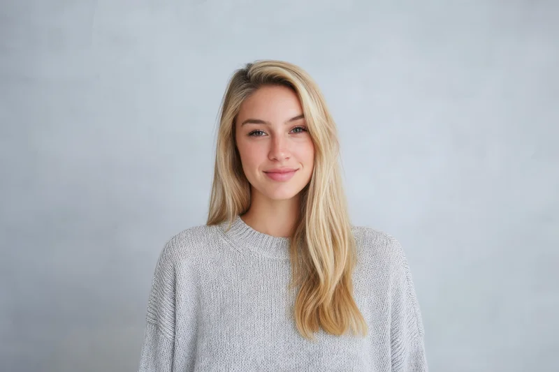 Young woman with long blonde hair smiling in a light gray knit sweater against a plain background