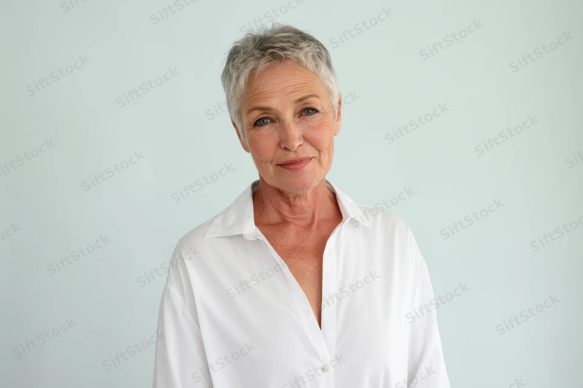 Senior woman with short gray hair smiling in white shirt against light background