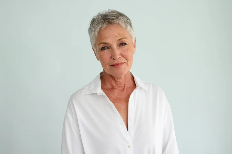 Senior woman with short gray hair smiling in white shirt against light background