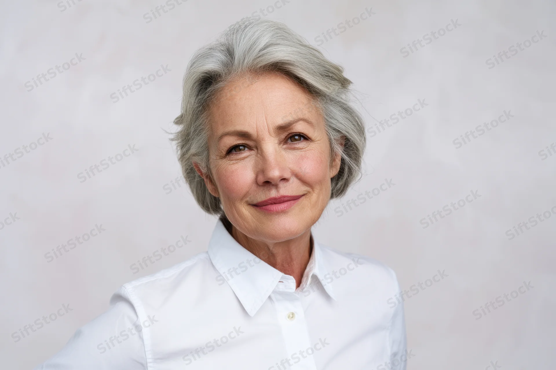 Senior woman with short gray hair smiling in a white collared shirt against a neutral background