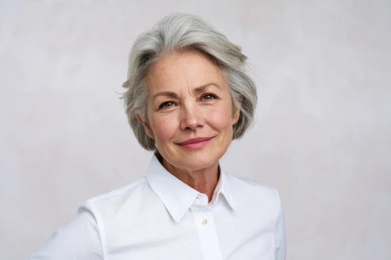 Senior woman with short gray hair smiling in a white collared shirt against a neutral background