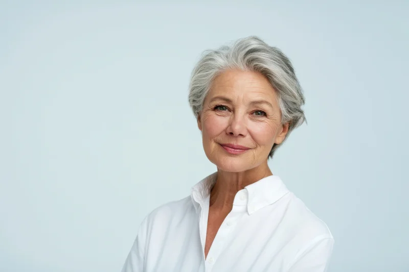 Senior woman with short gray hair smiling in white shirt against light background