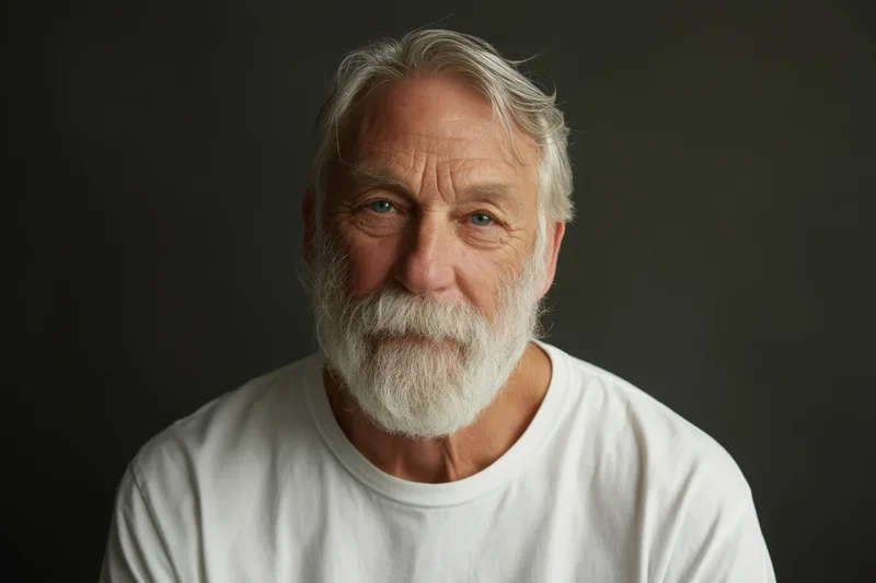 Senior man with full white beard and silver hair in white tshirt looking directly at camera in studio portrait