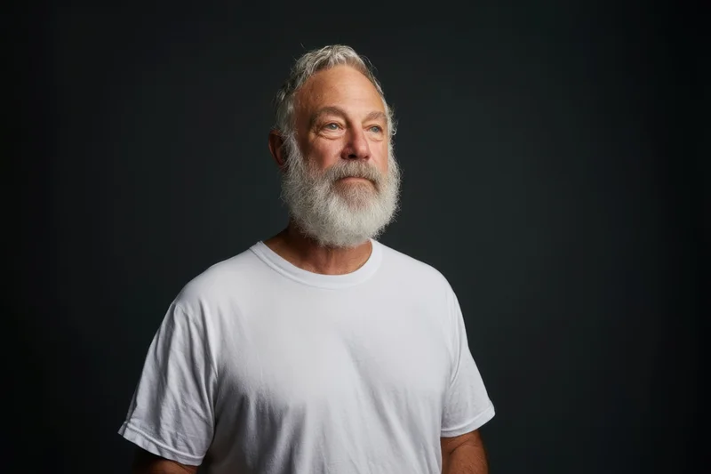 Senior man with full white beard and silver hair wearing white tshirt, looking off to the side in studio portrait