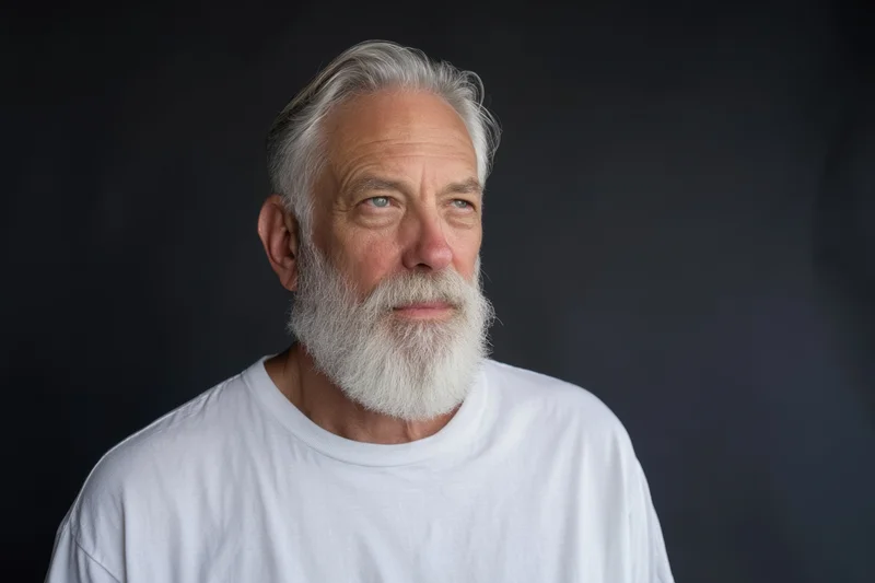 Senior man with full white beard and silver hair in white tshirt against dark background