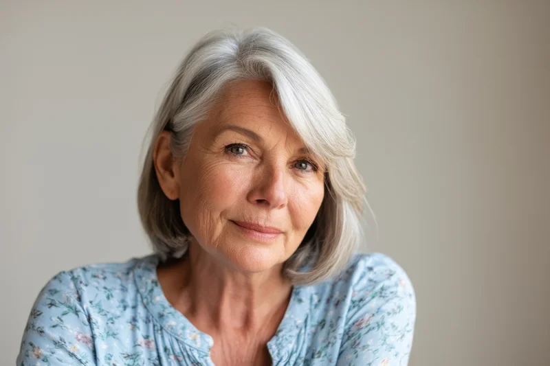 Senior woman with shoulder-length gray hair smiling gently in a light blue floral blouse against a neutral background