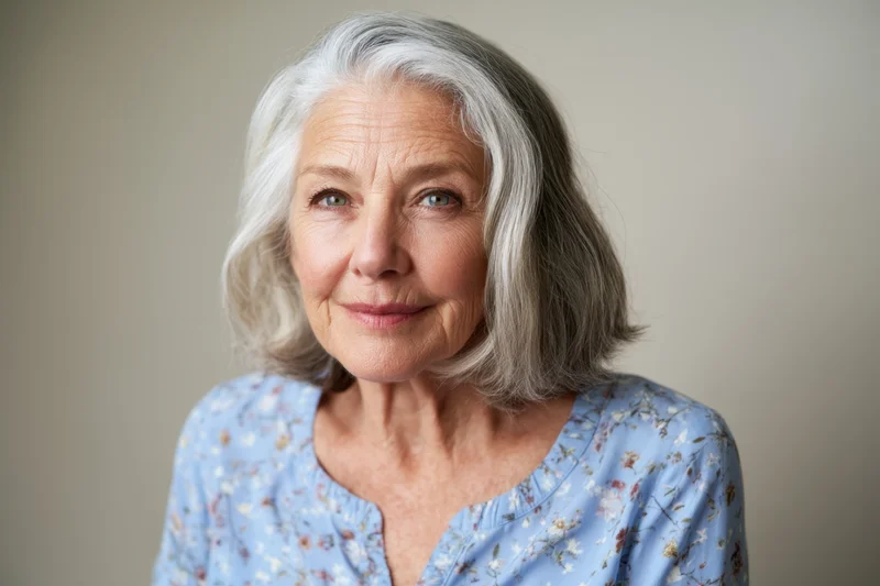 Senior woman with shoulder-length gray hair smiling softly in a blue floral blouse against a neutral background