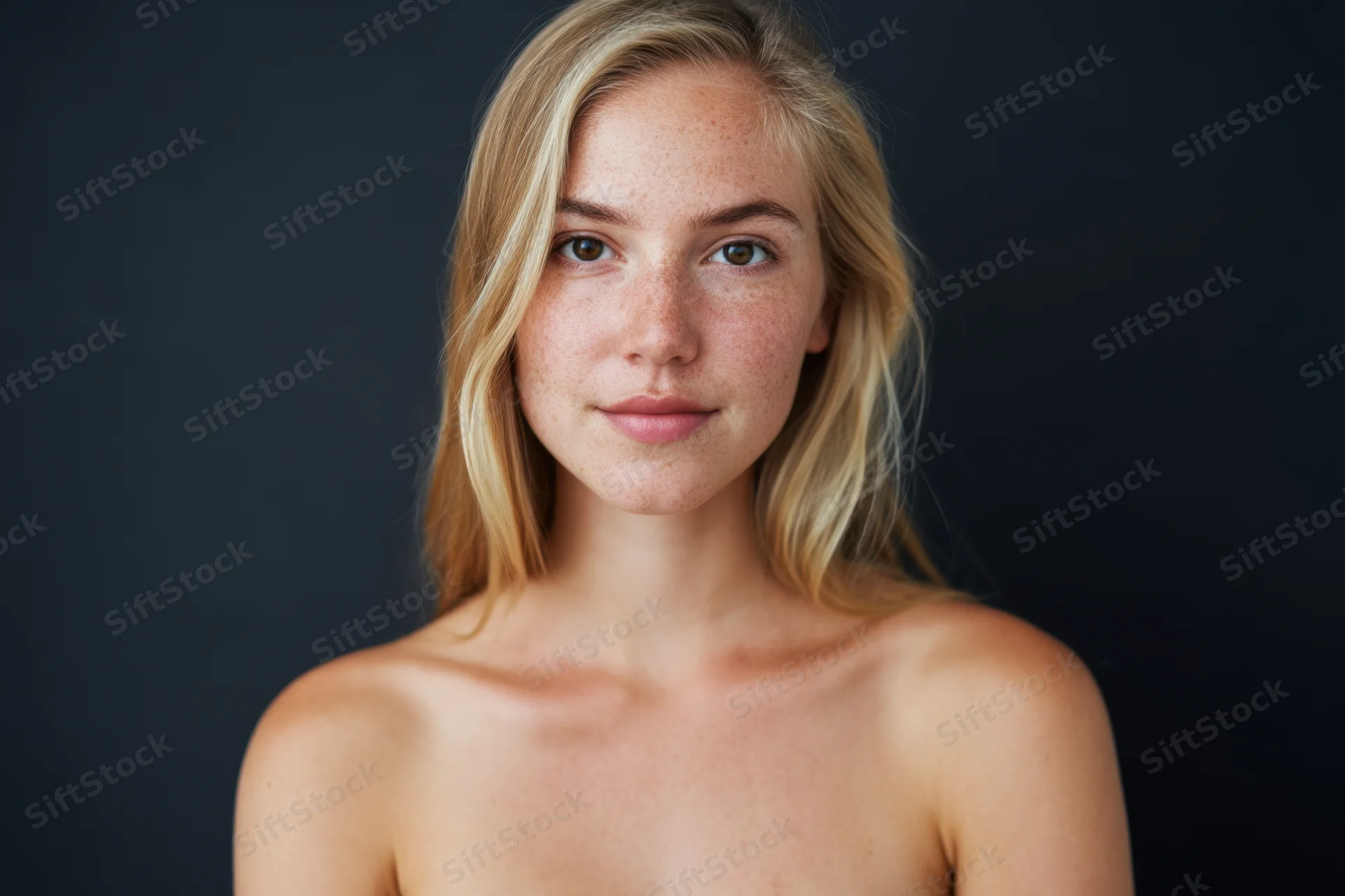 Close up portrait of a young woman with blonde hair and freckles against a dark background