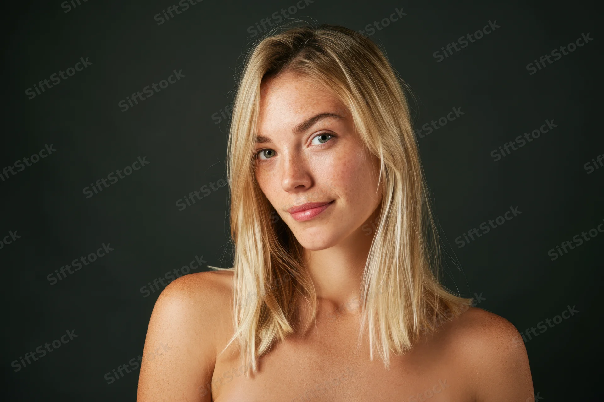 Young woman with blonde hair and freckles looking at camera in studio portrait