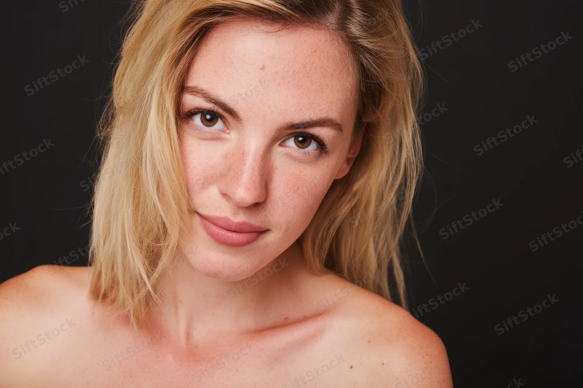 Close up portrait of a young woman with blonde hair and freckles against black background