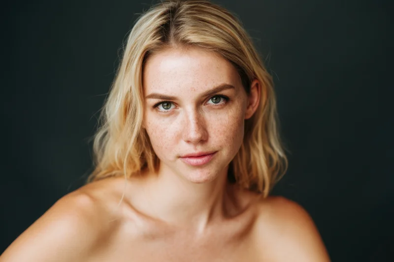 Young woman with blonde hair and freckles looking directly at camera in studio portrait