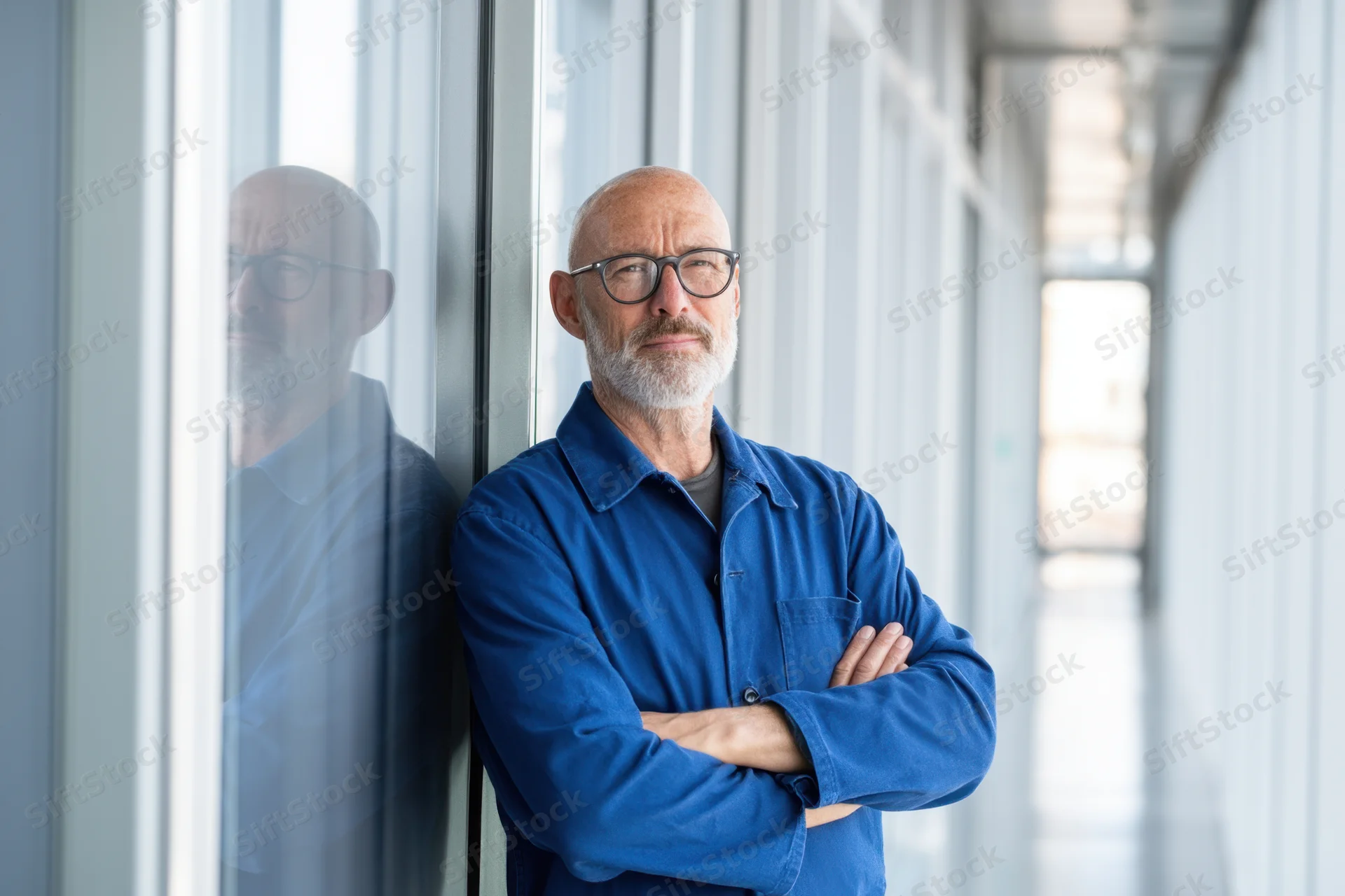 Bald man with glasses in blue jacket standing with arms crossed leaning against glass window in office hallway