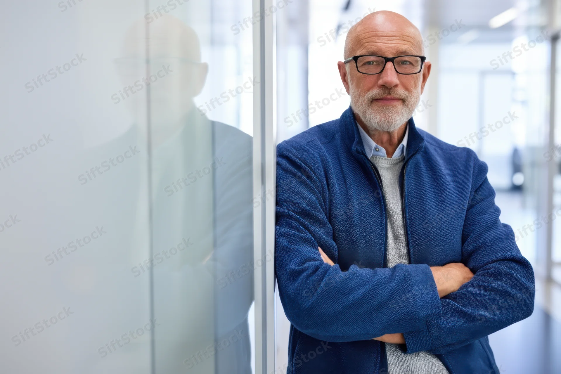 Bald man with glasses wearing blue jacket standing with arms crossed in office corridor
