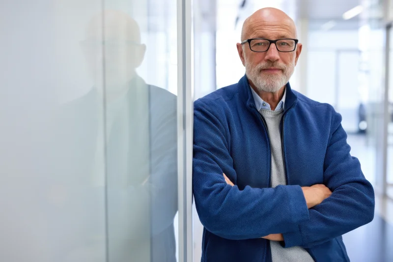 Bald man with glasses wearing blue jacket standing with arms crossed in office corridor