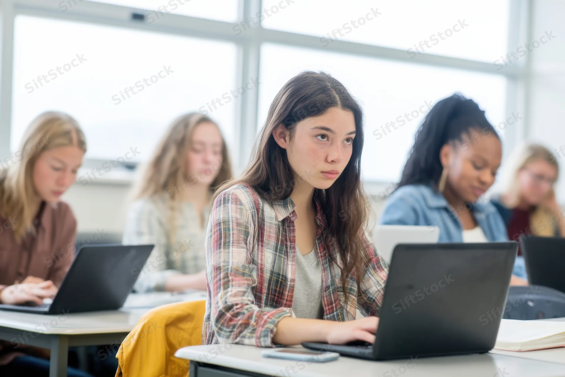 Young woman concentrating on laptop in classroom with peers studying at desks