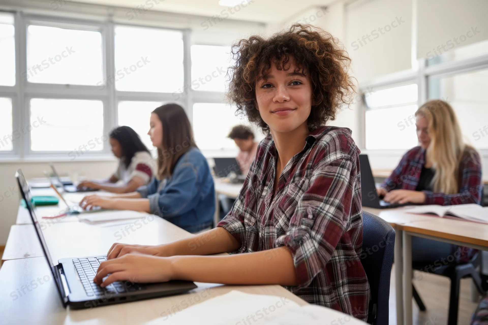 Young woman with curly hair smiling while typing on laptop in classroom with peers working at desks near windows