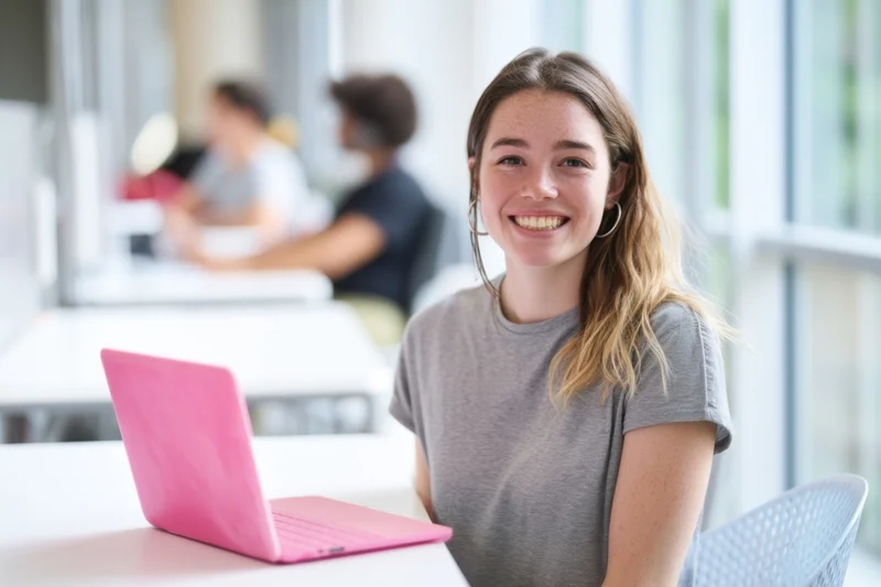 Young woman smiling at camera with pink laptop on desk in bright modern office workspace