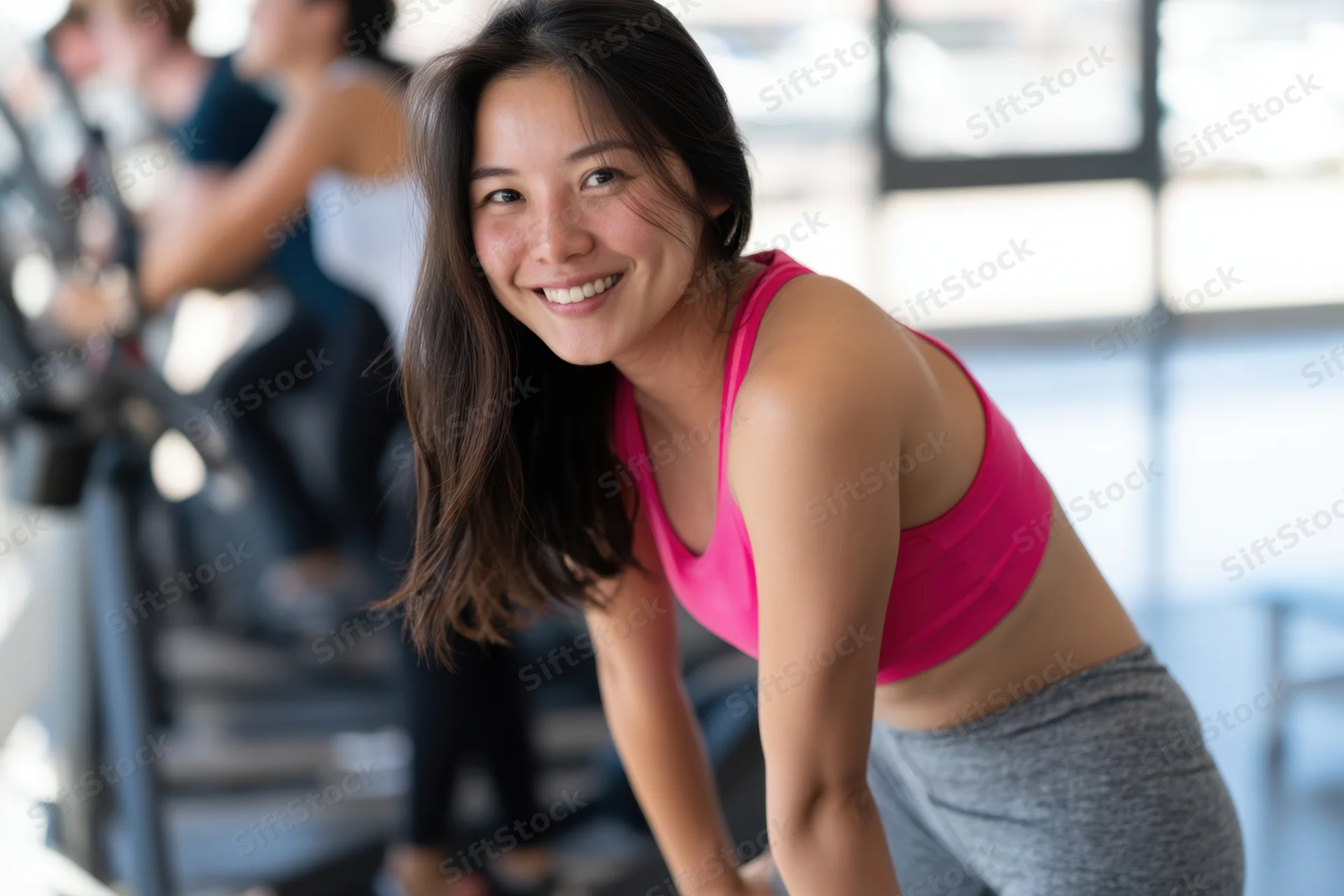 Woman smiling with hands on knees after workout in gym