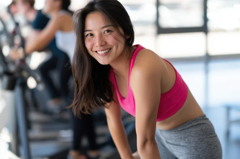 Woman smiling with hands on knees after workout in gym