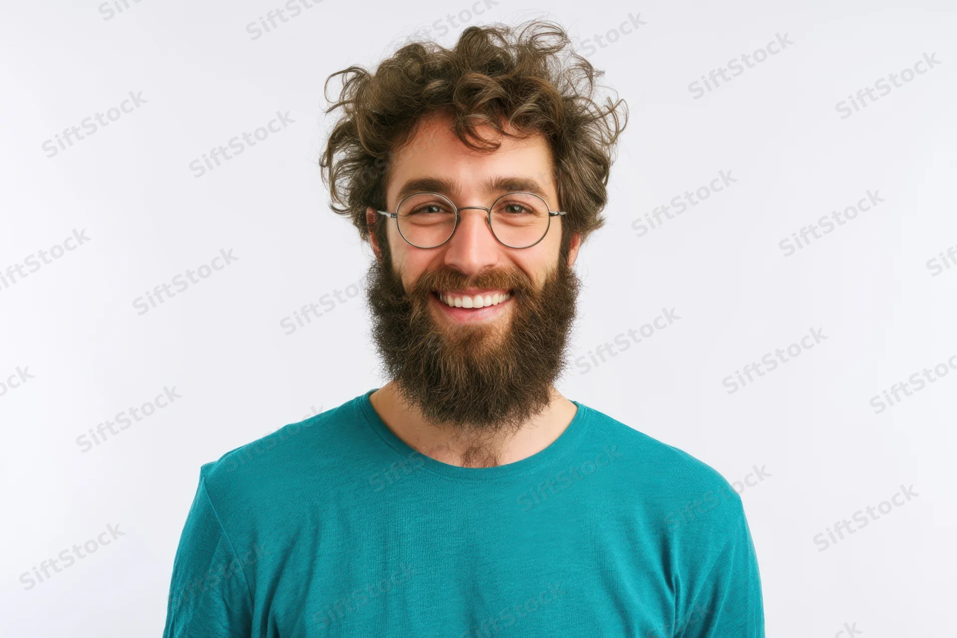 Smiling man with full beard and curly hair wearing round glasses and teal tshirt against white background
