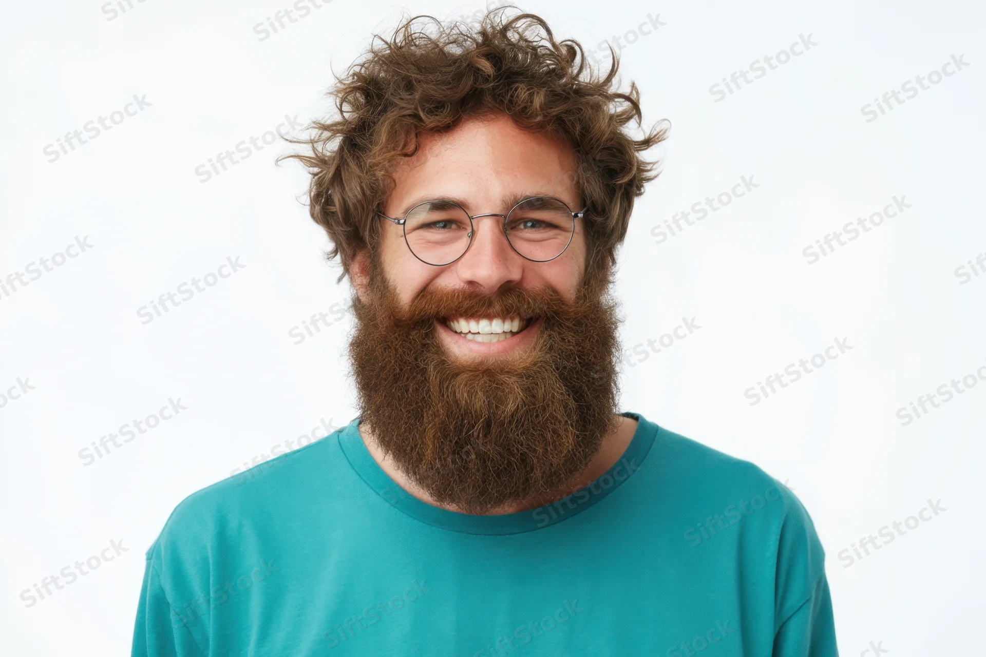 Smiling man with full brown beard and curly hair wearing glasses and teal tshirt in studio portrait