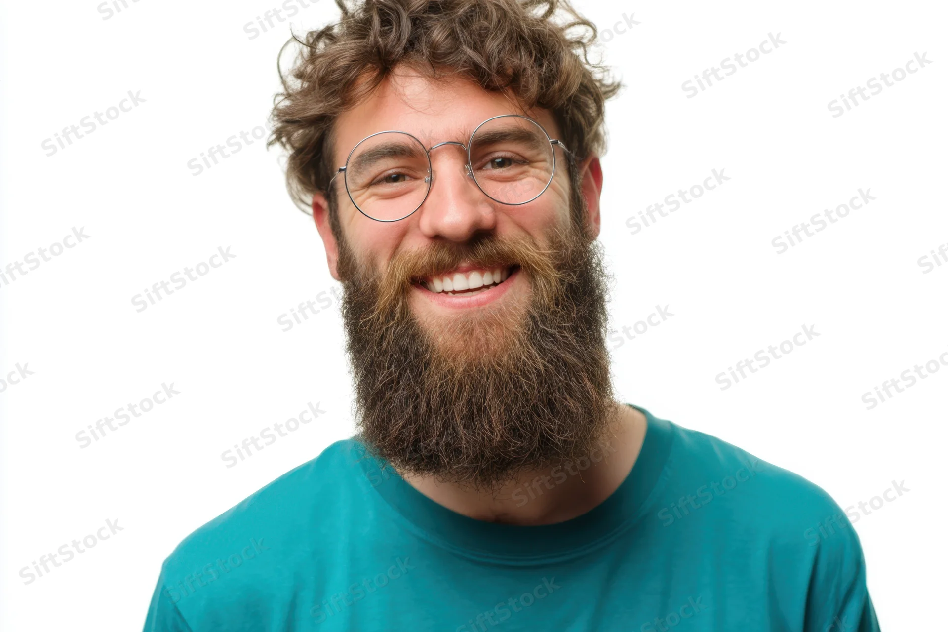 Smiling man with full brown beard and curly hair wearing round glasses and teal tshirt in studio portrait