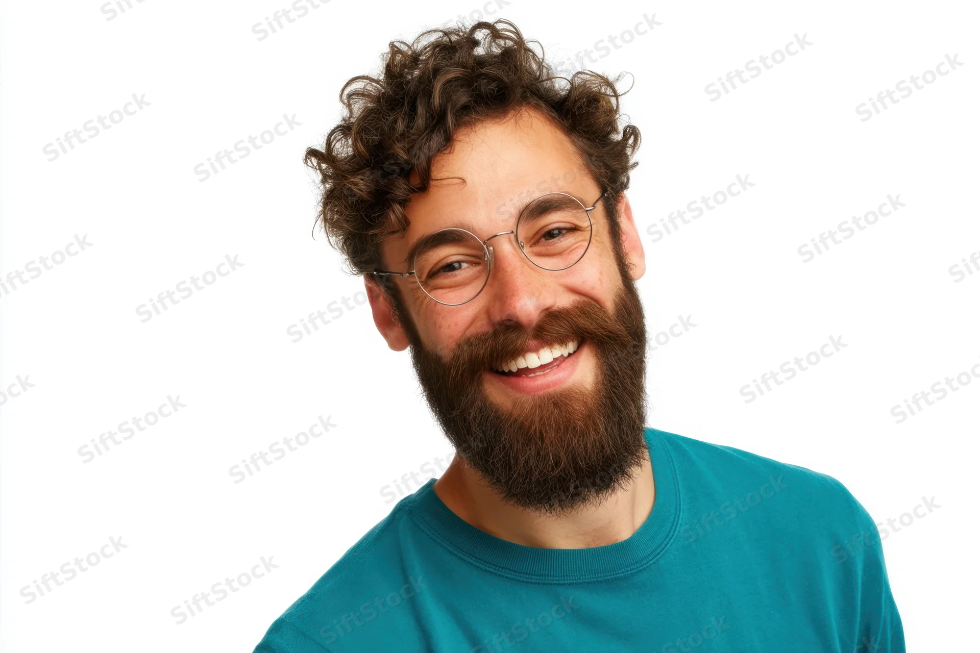 Smiling man with full beard and curly hair wearing round glasses and teal tshirt against white background