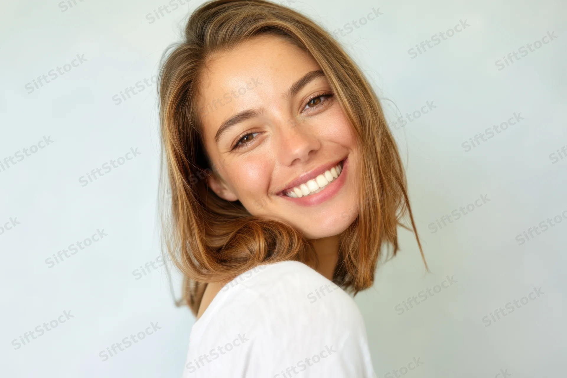 Woman smiling over her shoulder in a white shirt against a light background
