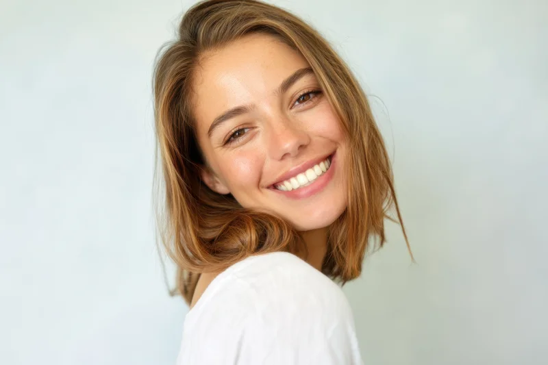 Woman smiling over her shoulder in a white shirt against a light background