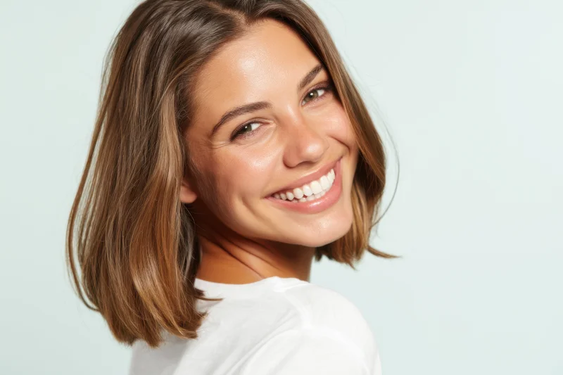 Woman smiling over shoulder in white tshirt against light background