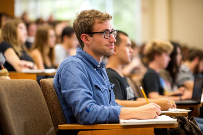 Young man in denim shirt writing notes in a lecture hall classroom