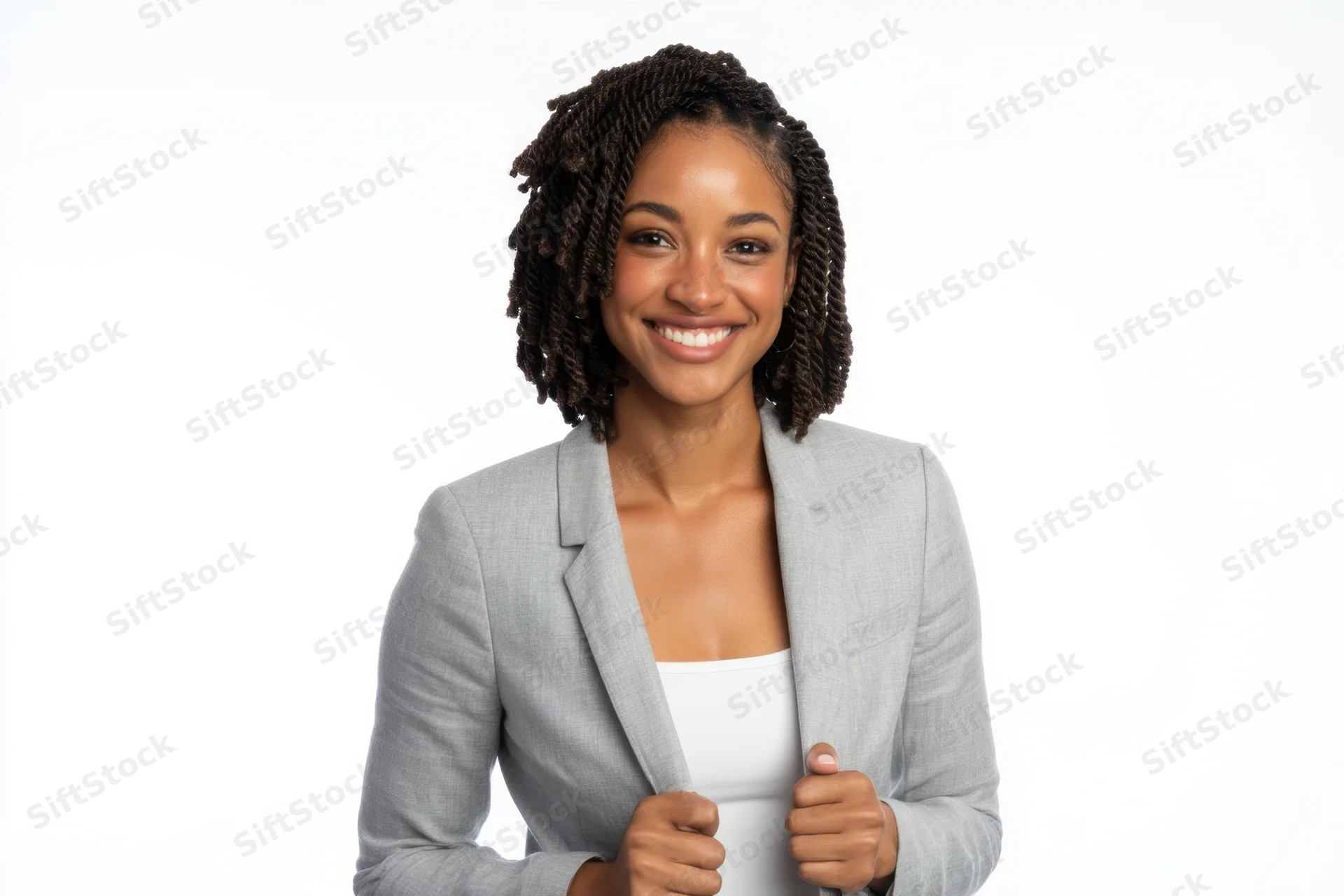 Confident black woman in gray blazer smiling at camera against white background