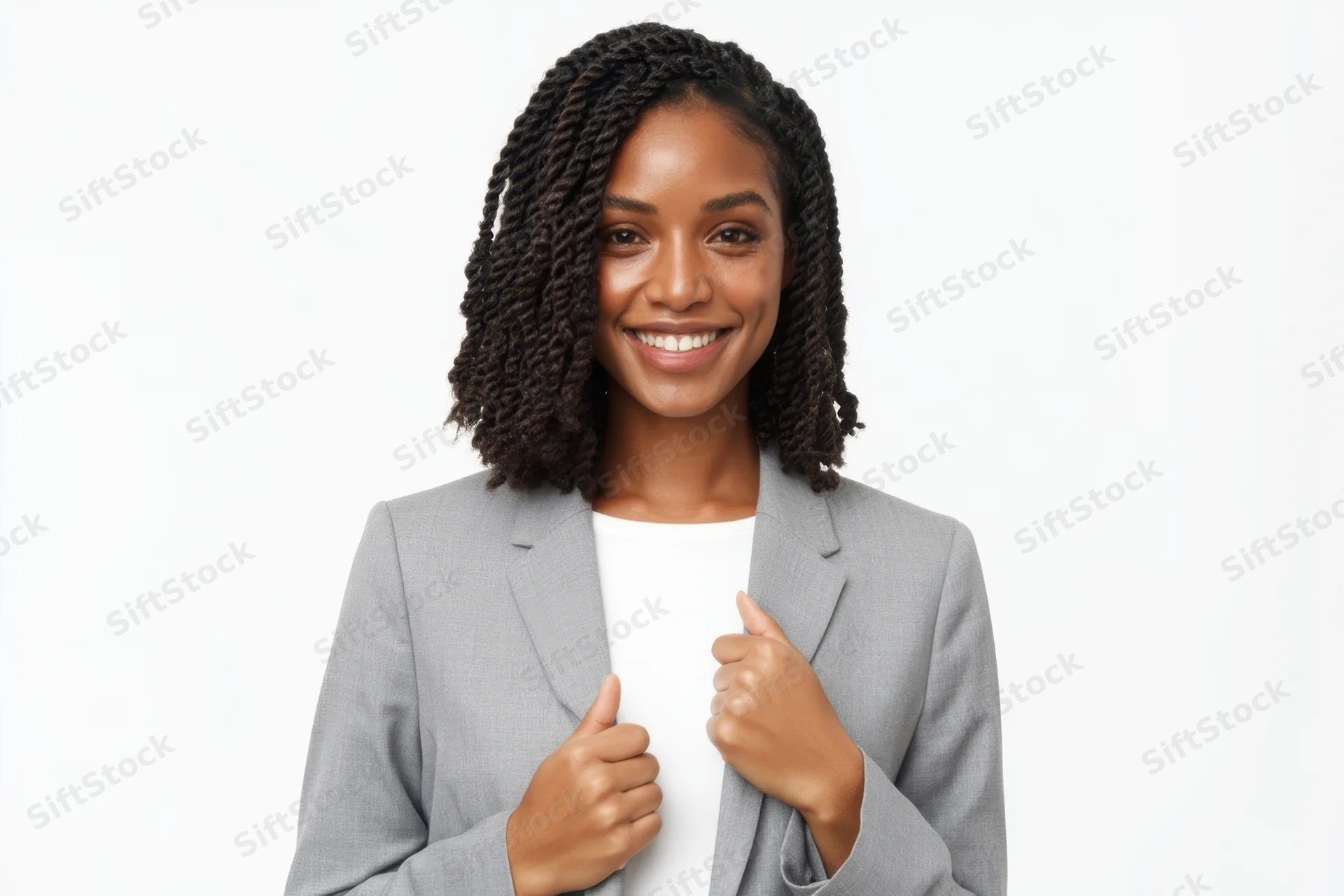 Confident black woman in gray suit giving thumbs up against white background