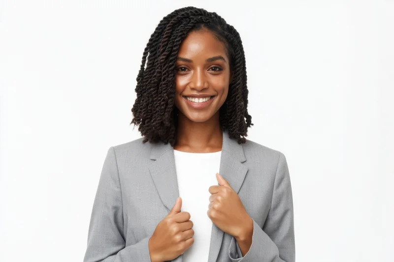 Confident black woman in gray suit giving thumbs up against white background