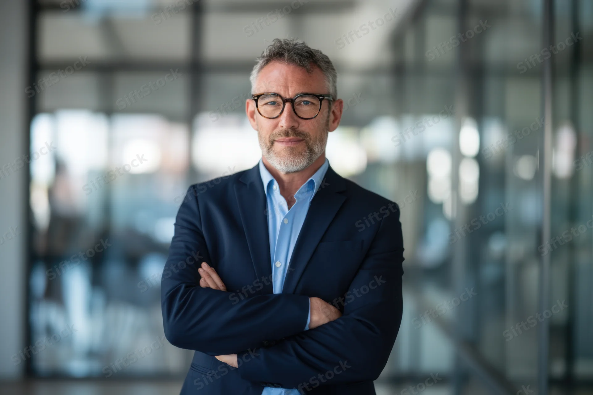 Confident businessman in navy suit with arms crossed standing in modern office interior